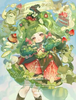 Rule 34 | 1girl, absurdres, animal, blunt bangs, bow, commission, dress, eyelashes, food, frilled sleeves, frills, green bow, green dress, green hair, highres, jingmaifu, layered sleeves, long hair, long sleeves, looking at viewer, makeup, mihuashi commission, mole, mole under eye, open mouth, original, pudding, red eyes, rouge (makeup), short eyebrows, sleeves past fingers, sleeves past wrists, solo, tongue, twintails, watermark