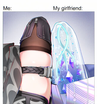 2girls black_thighhighs boots commentary english_commentary female_rover_(wuthering_waves) foxyreine from_above highres leg_focus legs_together meme mornye_(wuthering_waves) multiple_girls rover_(wuthering_waves) see-through_body sitting thigh_strap thighhighs thighhighs_under_boots thighs wuthering_waves