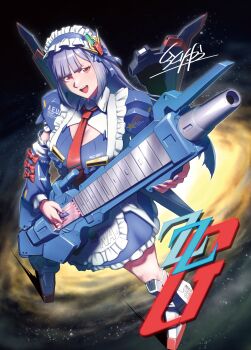 1girl absurdres artist_name blue_dress breasts cosplay dress frilled_dress frills gundam gundam_zz highres holding holding_weapon long_hair long_sleeves looking_at_viewer maid_headdress necktie open_mouth puffy_long_sleeves puffy_sleeves purple_hair red_eyes red_necktie roux_louka siratori_(yy_203) smile solo space weapon z_ii_gundam