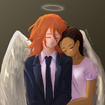 1boy 1girl angel angel_devil_(chainsaw_man) angel_wings angels_lover_(chainsaw_man) blues_draws brown_hair chainsaw_man closed_eyes commentary couple dark-skinned_female dark_skin english_commentary formal_clothes halo hetero highres light_smile long_hair orange_hair simple_background sleeping spoilers suit twitter_username wings