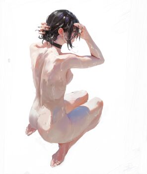 1girl absurdres black_choker black_hair breasts brush_stroke chainsaw_man choker completely_nude daodtt green_eyes hair_between_eyes hair_bun highres medium_breasts nude reze_(chainsaw_man) short_hair simple_background single_hair_bun solo traditional_media wet