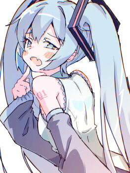 1girl akayama_yukihe aqua_eyes aqua_hair bare_shoulders blush commentary_request detached_sleeves fang hair_between_eyes hatsune_miku highres long_hair looking_at_viewer looking_back open_mouth shoulder_tattoo simple_background solo tattoo twintails upper_body very_long_hair vocaloid