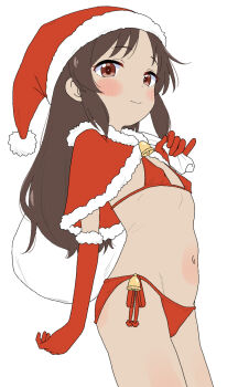 1girl bell bikini blush brown_eyes brown_hair capelet christmas commentary_request flat_chest fur-trimmed_capelet fur-trimmed_gloves fur-trimmed_headwear fur_trim gloves groin hat highres holding holding_sack idolmaster idolmaster_cinderella_girls idolmaster_cinderella_girls_u149 loli long_hair long_sidelocks looking_at_viewer navel red_bikini red_capelet red_gloves red_hat sack santa_bikini santa_costume santa_hat side-tie_swimsuit sidelocks simple_background smile solo swimsuit tachibana_arisu takku white_background