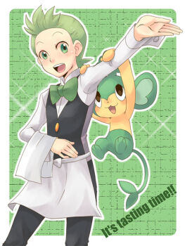 1boy apron black_eyes blush cilan_(pokemon) cubexcube gen_5_pokemon green_eyes green_hair hanging_on_arm looking_up male_focus monkey nintendo open_mouth pansage pokemon pokemon_(anime) pokemon_(creature) pokemon_bw_(anime) smile tail