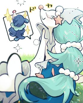 1girl :&gt; bad_tag blue_fur blue_hair closed_eyes closed_mouth colored_eyelashes full_body furry furry_female gem gen_7_pokemon hair_ornament highres long_hair mermaid monster_girl multi-tied_hair nintendo on_grass pearl_(gemstone) pearl_hair_ornament pokemon pokemon_(creature) popplio primarina sea_lion simple_background sitting smile snout solo_focus sstoh star_(symbol) starfish_hair_ornament white_background