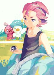 Rule 34 | 1girl, :&lt;, bright pupils, closed mouth, collarbone, commentary request, creatures (company), dot (pokemon), game freak, grey eyes, hair pulled back, highres, holding, holding tera orb, multicolored hair, nintendo, pink hair, pokemon, pokemon (anime), pokemon (creature), pokemon horizons, purple hair, quaxly, shirt, signature, sleeveless, sleeveless shirt, tank top, tera orb, tinkatink, two-tone hair, uyumaru art, white pupils, zipper, zipper pull tab