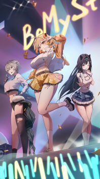 3girls \n/ absurdres ahoge anis_(nikke) anis_(star)_(t.t._star)_(nikke) aqua_headband black_hair black_sports_bra blue_eyes blue_headband blush breasts brown_hair closed_mouth clothing_cutout commentary cropped_shirt english_commentary fish_hair_ornament fishnet_pantyhose fishnets gloves glowstick goddess_of_victory:_nikke green_shorts grey_hair hair_ornament hairband headband headset highres idol jacket large_breasts long_hair midriff mint_(nikke) multiple_girls navel necktie official_alternate_costume one_eye_closed pantyhose penlight_(glowstick) plaid_clothes plaid_necktie prika_(nikke) q10u shirt short_hair shorts single_thighhigh skirt smile sports_bra stage standing standing_on_one_leg t.t._star_(nikke) thighhighs torn_clothes torn_thighhighs v white_headband white_shirt yellow_jacket yellow_necktie yellow_skirt