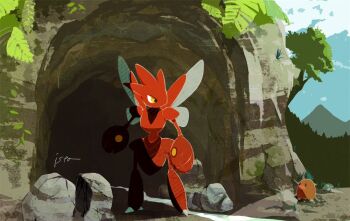 1other bug cave colored_skin diglett full_body gen_1_pokemon gen_2_pokemon insect_wings isutai leaf looking_at_another nintendo other_focus outdoors pincers pokemon pokemon_(creature) red_skin scizor standing tree wings yellow_eyes