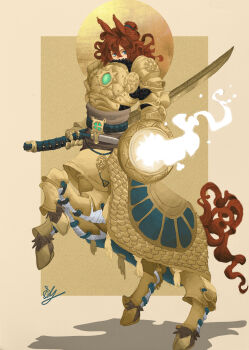 1girl absurdres animal_ears armor blue_eyes centaur chainmail commentary_request covered_mouth full_armor full_body gauntlets gold_armor hair_bun highres holding holding_shield holding_sword holding_weapon hooves horse_ears horse_tail leg_armor long_hair looking_at_viewer monster_girl multiple_legs original rearing red_hair shadow sheath sheathed shield signature solo standing steven_y. sword tail tassel taur weapon