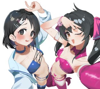 Rule 34 | 2girls, absurdres, arms up, belt, bikini, black eyes, black hair, blue bikini, blue choker, blue jacket, blue tube top, blush, bracelet, breasts, brown eyes, choker, dated, detached collar, embarrassed, foreshortening, from above, hair ornament, heart, heart tattoo, highres, idolmaster, idolmaster cinderella girls, idolmaster cinderella girls u149, jacket, jewelry, long hair, long sleeves, looking at viewer, matoba risa, multiple bracelets, multiple girls, navel, open clothes, open jacket, open mouth, outstretched arm, pink belt, pink bikini, pink tube top, rabbit hair ornament, sasaki chie, short hair, simple background, small breasts, smile, stomach tattoo, strapless, sweat, swimsuit, tattoo, thighs, tomber, tube top, twintails, v, w, white background