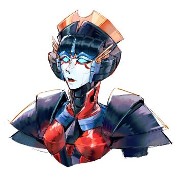 armor blue_eyes commentary english_commentary geisha glowing glowing_eyes humanoid_robot metal_skin n0ctyrra red_lips robot robot_girl shoulder_armor transformers upper_body white_background windblade