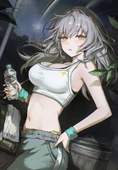 1girl absurdres armlet bare_shoulders black_bra blue_pants bottle bra breasts cleavage commentary_request crop_top grey_hair hair_between_eyes hand_on_own_hip highres holding holding_bottle honkai:_star_rail honkai_(series) jewelry large_breasts leaf long_hair looking_at_viewer midriff navel night pants pole shirt sleeveless sleeveless_shirt solo stelle_(honkai:_star_rail) sweatpants trailblazer_(honkai:_star_rail) underwear water_bottle white_shirt yellow_eyes yellow_nails zije