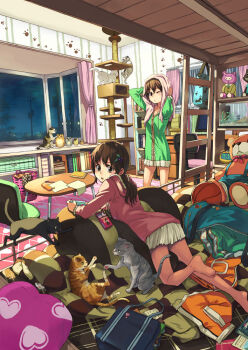 2girls absurdly_detailed_composition bag ball barefoot basketball basketball_(object) bed book brown_eyes brown_hair bunk_bed cat cat_tower chair food hair_ornament hairclip handbag heart hood hoodie indoors ladder loaded_interior long_hair lying multiple_girls office_chair on_stomach one_eye_closed original paw_print pocky ponzu_(catponz) roomscape standing stuffed_animal stuffed_toy swivel_chair teddy_bear too_many too_many_cats towel towel_on_head wink