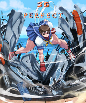 1girl black_socks blue_serafuku blue_skirt blue_sky breasts brown_hair car clenched_hands destruction english_text fingerless_gloves full_body gameplay_mechanics gloves headband horizon kasugano_sakura large_breasts motor_vehicle muscular muscular_female ocean punching red_gloves red_shoes school_uniform serafuku shoes shopyun short_hair skirt sky sneakers socks solo street_fighter street_fighter_ii_(series) street_fighter_iv_(series) thick_thighs thighs timer white_headband