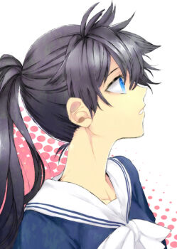 1girl a_certain_high_school_uniform black_hair blue_eyes blue_shirt commentary_request genderswap genderswap_(mtf) gung hair_between_eyes halftone halftone_background kamijou_touka_(toaru_majutsu_no_index) kamijou_touma long_hair messy_hair parted_lips ponytail profile sailor_collar school_uniform serafuku shirt solo sternocleidomastoid_muscle toaru_majutsu_no_index white_background white_sailor_collar winter_uniform