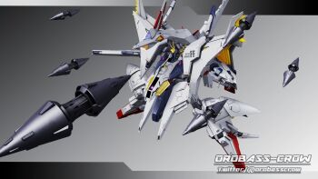 3d absurdres commentary_request earth_federation energy_gun flying funnels_(gundam) gradient_background gundam gundam_hathaway's_flash highres inviter_oro machinery mecha mecha_focus mobile_suit no_humans penelope_(hathaway's_flash) purple_eyes robot shield signature weapon