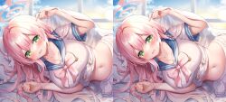 Rule 34 | 1girl, blush, breasts, green eyes, highres, looking at viewer, lying, non-web source, on side, pink hair, pink ribbon, ribbon