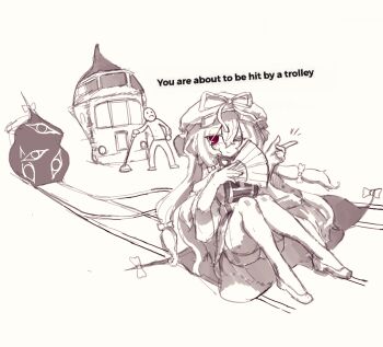 Rule 34 | 1boy, 1girl, absurdres, bow, commentary, dress, english text, gap (touhou), hair between eyes, hair bow, hair ribbon, hand fan, hat, hat ribbon, highres, holding, holding fan, korean commentary, long hair, looking at viewer, mob cap, monochrome, one eye closed, rampa93, red eyes, ribbon, sitting, smile, tabard, thighhighs, touhou, train, trolley problem (meme), very long hair, white dress, yakumo yukari