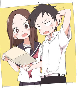 Rule 34 | 1boy, 1girl, black eyes, black hair, blush, brown eyes, brown hair, ixy, karakai jouzu no takagi-san, long hair, nishikata, sailor collar, school uniform, serafuku, shirt, short hair, short sleeves, takagi-san, white shirt, yellow background