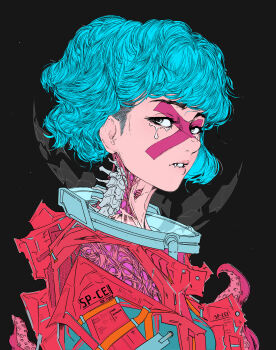 1girl absurdres aqua_hair black_background bone broken_helmet commentary elliemaplefox english_commentary facial_mark fang fang_out grey_eyes helmet highres looking_at_viewer original parted_lips short_hair simple_background solo space_helmet spacesuit spine tearing_up tears teeth tentacles upper_body white_eyes