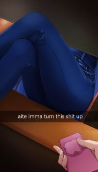 1girl blue_pants controller crossed_legs denim english_text fake_screenshot hetero highres holding holding_remote_control hololive hololive_english jeans ouro_kronii ouro_kronii_(casual) pants pov pov_hands remote_control remote_control_vibrator rx_drunkman sex_toy sitting snapchat table thighs vibrator vibrator_under_clothes virtual_youtuber