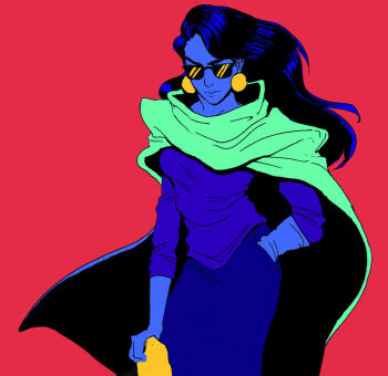 1girl battle_tendency cape closed_mouth commentary_request cowboy_shot earrings flat_color green_cape hand_in_pocket jewelry jojo_no_kimyou_na_bouken limited_palette lisa_lisa long_hair long_sleeves piercing red_background rvsa simple_background skirt solo standing sunglasses