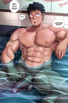 1boy abs absurdres bara bathing black_hair completely_nude english_text facial_hair feet_out_of_frame girthy_penis goatee_stubble green_eyes grelxb hibino_kafka highres kaijuu_no._8 looking_to_the_side male_focus muscular muscular_male navel nipples nude paid_reward_available partially_submerged penis sanpaku short_hair sitting solo speech_bubble stomach strongman_waist stubble thick_thighs thighs uncensored