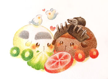 animal_focus armor bird brown_eyes colored_pencil_(medium) commentary_request dove food food_on_face heart highres lettuce molcar no_humans pui_pui_molcar shiromo_(pui_pui_molcar) simple_background teddy_(pui_pui_molcar) tomato tomato_slice traditional_media white_background yukichi_0611