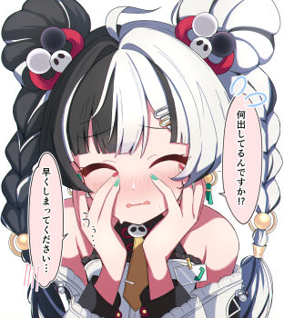 1girl ahoge bare_shoulders black_hair blunt_bangs blush braid closed_eyes commentary_request dialyn_(zenless_zone_zero) double_bun hair_bun hair_inntakes hands_on_own_face highres long_sleeves multicolored_hair nose_blush open_mouth sasanekomaru shirt simple_background solo speech_bubble split-color_hair sweat translation_request twin_braids two-tone_hair upper_body white_background white_hair white_shirt zenless_zone_zero