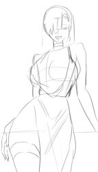 1girl alternate_costume animated artist_name asuna_(blue_archive) bare_shoulders black_thighhighs blonde_hair blue_archive blue_choker blue_dress blue_eyes blue_halo blush borrowed_design breasts choker collarbone covered_navel dot_nose dress elbow_gloves feet_out_of_frame gloves grin hair_ornament hair_over_one_eye halo highres lace lace-trimmed_legwear lace_trim large_breasts lineart long_hair looking_at_viewer making-of mole mole_on_breast monochrome one_eye_covered rucarachi sideboob simple_background sketch smile solo standing thighhighs very_long_hair video white_background white_gloves