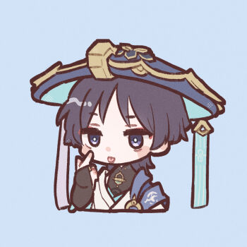 1boy :p akanbe black_bodysuit black_bridal_gauntlets black_hair blue_background blue_cape blue_hat blue_kimono blunt_ends bodysuit bridal_gauntlets bright_pupils cape cropped_torso eyelid_pull eyeliner eyeshadow finger_to_cheek finger_to_eye genshin_impact gold gold_ring hand_up hat hoshizuki_chimama index_finger_raised japanese_clothes jingasa juban kimono looking_to_the_side makeup male_focus mandarin_collar middle_ring open_clothes open_kimono purple_eyes red_eyeliner red_eyeshadow scaramouche_(genshin_impact) shoulder_peek solo tongue tongue_out wanderer_(genshin_impact) white_kimono white_pupils white_trim wispy_bangs