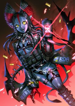 1girl absurdres alien avatar:_fire_and_ash blue_skin colored_skin commentary english_commentary facepaint gun highres holding holding_gun holding_weapon james_cameron's_avatar long_hair mayko na'vi o-ring o-ring_thigh_strap open_mouth pointy_ears solo tail thigh_strap twitter_username varang weapon yellow_eyes