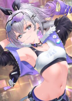 1girl :3 armpits arms_behind_head arms_up asymmetrical_shirt bare_shoulders black_jacket blurry blurry_background breasts choker closed_mouth commentary_request crop_top cropped_jacket drill_hair earrings fur_trim goggles goggles_on_head gradient_hair grey_eyes grey_hair hair_between_eyes hair_ornament hair_ribbon hairclip highres honkai:_star_rail honkai_(series) jacket jewelry long_hair looking_at_viewer midriff multicolored_hair nanaki24 navel off_shoulder open_clothes open_jacket ponytail purple_hair ribbon shirt silver_wolf_(honkai:_star_rail) single_sleeve sleeveless sleeveless_shirt small_breasts smile solo stomach white_shirt