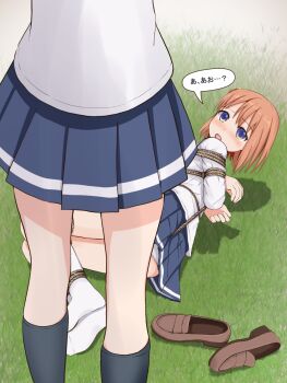 2girls arms_behind_back asking_a_question bdsm bondage bound crotch_rope femuto highres kneehighs koisuru_asteroid konohata_mira looking_at_another lying multiple_girls on_floor panties school_uniform serafuku shoes unworn_shoes socks standing underwear upskirt uwabaki
