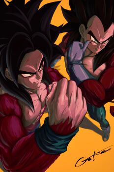 Rule 34 | 2boys, black hair, blue eyes, blue pants, body fur, denim, dragon ball, dragon ball gt, gekiroo, highres, male focus, multiple boys, muscular, muscular male, pants, red fur, simple background, son goku, spiked hair, standing, super saiyan, super saiyan 4, topless male, vegeta, yellow background, yellow eyes