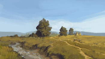 absurdres blue_sky cloud dirt_road field grass highres hill landscape no_humans original painterly path refiend road scenery sky tree