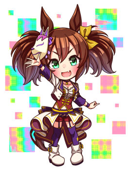 1girl animal_ears blush bodice boots bow breasts brown_hair chibi chibi_only choker cleavage collarbone commentary_request corset cropped_jacket fang fox_mask full_body garter_straps green_eyes hair_between_eyes highres horse_ears horse_girl horse_tail inari_one_(umamusume) jacket large_breasts long_hair long_sleeves looking_at_viewer mask mask_on_head midriff_peek navel open_mouth overskirt pendant_choker purple_choker purple_garter_straps purple_thighhighs red_corset red_shorts shirt shorts smile solo star_(symbol) starting_future_(umamusume) sugimotty_nova tail thighhighs twintails umamusume umapyoi_densetsu white_boots white_jacket white_shirt wristband yellow_bow