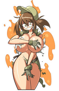 Rule 34 | 1girl, breasts, brown hair, covering breasts, covering crotch, covering privates, embarrassed, fio germi, glasses, gloves, hat, huge breasts, metal slug, round eyewear, solo, torn clothes, ttang16