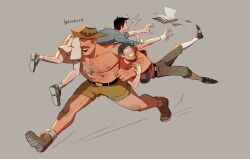 Rule 34 | 3boys, abs, absurdres, arm hair, black hair, blonde hair, boots, carrying, carrying multiple people, carrying over shoulder, carrying person, carrying under arm, citrus0lemon, cowboy hat, english text, full body, grey background, hat, headset, highres, large pectorals, long sideburns, male focus, mature male, mr. bidwell, multiple boys, muscular, muscular male, pectorals, running, saxton hale, scout (tf2), short hair, short shorts, shorts, sideburns, simple background, size difference, smile, team fortress 2, thick chest hair, thick mustache, topless male