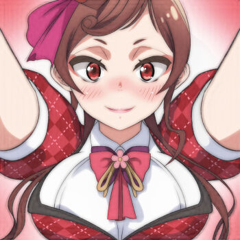 1girl blush bow bowtie breasts brooch brown_hair flower_brooch hair_ribbon jacket jewelry large_breasts looking_at_viewer plaid_clothes plaid_jacket puffy_sleeves purple_ribbon red_background red_bow red_bowtie red_eyes red_jacket ribbon shirt short_sleeves sidelocks smile standing t_jiroo_(ringofriend) upper_body white_shirt yuugiri_(zombie_land_saga) zombie_land_saga