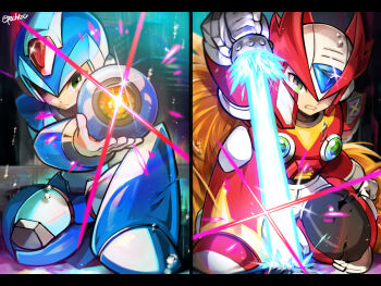 Rule 34 | 2boys, arm cannon, armor, blue helmet, broken armor, closed mouth, commentary request, frown, green eyes, grimace, helmet, highres, holding, holding sword, holding weapon, male focus, mega man (series), mega man x (series), multiple boys, on one knee, pechka, red helmet, sword, twitter username, water drop, weapon, x (mega man), zero (mega man)