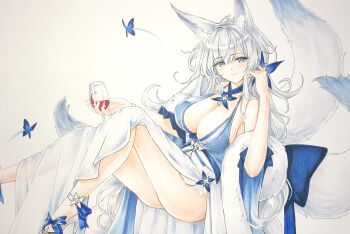 1girl alcohol animal_ear_fluff animal_ears azur_lane bare_shoulders blue_butterfly blue_collar blue_dress breasts bug butterfly butterfly_hair_ornament cleavage collar commentary_request cup cupping_glass dress drinking_glass evening_gown feather_boa fox_ears fox_girl grey_hair hair_ornament halter_dress halterneck highres huge_breasts insect kitsune large_tail long_hair looking_at_viewer multiple_tails oekaki_yamahaya official_alternate_costume red_wine shinano_(azur_lane) shinano_(dreams_of_the_hazy_moon)_(azur_lane) sleeveless sleeveless_dress tail traditional_media very_long_hair white_tail wine wine_glass