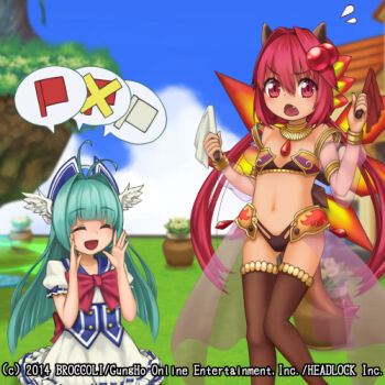 2girls 6ichi ^_^ antenna_hair armlet black_bra black_pants blue_corset blue_hat blue_sky bra brown_thighhighs closed_eyes company_name copyright_name copyright_notice corset emil_chronicle_online fairy_wings fang flag flat_chest fly_fish_alma flying_sweatdrops frilled_skirt frills garden gold_armlet gold_choker gold_wrist_cuffs green_hair hair_ornament hat head_wings holding holding_flag long_hair low_twintails lowres multiple_girls neck_ribbon official_art pants red_eyes red_flag red_hair red_ribbon red_wings ribbon sailor_collar salamander_alma see-through_clothes see-through_skirt see-through_sleeves skirt sky spoken_object thighhighs twintails underwear white_flag white_skirt white_wings wings