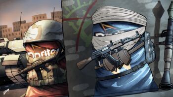 ammunition_pouch askapy assault_rifle backpack bag bag_of_chips bandana bulletproof_vest combat_helmet commentary doritos english_commentary gun headscarf helmet holding holding_gun holding_weapon kalashnikov_rifle m16 m1_abrams magazine_(weapon) military_vehicle motor_vehicle no_humans original outdoors pouch rifle rocket_launcher rpg rpg-7 rpg_(weapon) tank weapon white_bandana white_headscarf