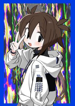 1girl black_eyes black_shirt blue_border blue_pupils blush border bracelet brown_hair english_text from_side hair_between_eyes hair_flaps hand_up highres hood hood_down hooded_jacket jacket jewelry kokaki_mumose kuroshio_current long_hair long_sleeves looking_at_viewer low_ponytail nagi_akasa open_mouth outside_border ponytail shirt smile solo static turning_head turtleneck upper_body v white_jacket