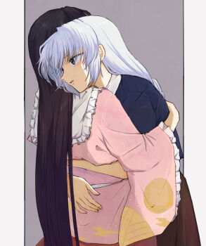 2girls black_hair blue_eyes braid commentary_request expressionless frills grey_background highres houraisan_kaguya hug long_hair long_sleeves mochimo-cheese moon_print multiple_girls no_headwear parted_lips pink_shirt puffy_sleeves red_skirt shirt skirt touhou very_long_hair white_hair yagokoro_eirin