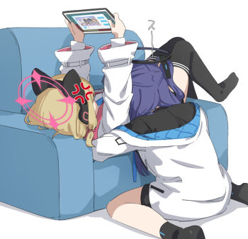 2girls absurdres animal_ear_headphones animal_ears blonde_hair blue_archive blush bow breasts cat_ear_headphones cat_ears controller couch csham fake_animal_ears game_console game_controller halo handheld_game_console headphones highres holding holding_handheld_game_console joy-con long_hair lying mechanical_halo momoi_(blue_archive) multiple_girls nintendo_switch on_couch playing_games purple_hair shirt sitting two_side_up yuuka_(blue_archive)
