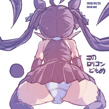 1girl ahoge ass ass_focus backbeako_(torotei) backbeard bare_shoulders black_dress black_gloves black_hair black_ribbon black_thighhighs cameltoe commentary dated dated_commentary dress elbow_gloves from_behind gegege_no_kitarou gloves hair_ribbon kono_lolicon_domome long_hair original paid_reward_available panties pear-shaped_figure pointy_ears ribbon simple_background sleeveless sleeveless_dress solo thighhighs torotei translated twintails underwear variant_set very_long_hair watermark web_address white_background white_panties wide_hips