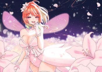 1girl :d aki_sakura breasts cleavage detached_collar dress earrings falling_petals feather_earrings feathers flower gloves hair_flower hair_ornament hairclip hand_up hololive hololive_english jewelry large_breasts leotard looking_at_viewer night night_sky open_mouth orange_hair petals pink_dress pink_flower pink_gloves pink_leotard pink_wings purple_eyes short_dress sky smile solo star_(sky) starry_sky takanashi_kiara virtual_youtuber wide_ponytail wings
