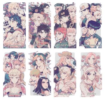argyle_clothes baseball_cap battle_tendency black_hair black_hat blonde_hair bob_cut braid bruno_bucciarati caesar_anthonio_zeppeli chain commentary_request copyright_name cowboy_hat diamond_wa_kudakenai dio_brando dixie_cup_hat double_bun dreadlocks earrings emporio_alnino erina_pendleton facial_hair facial_scar facial_tattoo feathers fingerless_gloves flattop flower foo_fighters_(jojo) forehead_tattoo gakuran giorno_giovanna giorno_giovanna&#039;s_pose gloves green_eyes green_hair green_lips grin guido_mista gyro_zeppeli hair_bobbles hair_bun hair_ornament hat headband heart higashikata_josuke higashikata_josuke_(jojolion) hirose_koichi hirose_yasuho hoop_earrings horned_hat horseshoe hyeon_0613 index_finger_raised jean_pierre_polnareff jewelry johnny_joestar jojo_no_kimyou_na_bouken jojo_pose jojolion jonathan_joestar joseph_joestar joseph_joestar_(old) joseph_joestar_(young) kakyoin_noriaki kishibe_rohan korean_commentary kuujou_jolyne kuujou_joutarou leone_abbacchio lisa_lisa long_hair military_hat mohammed_avdol multicolored_hair mustache narancia_ghirga narciso_anasui nijimura_okuyasu pannacotta_fugo peace_symbol phantom_blood pink_flower pink_hair pink_rose pompadour red_hair red_hat robert_e._o._speedwagon rose sailor_collar sailor_shirt scar scar_on_cheek scar_on_face scarf school_uniform shirt short_hair single_braid smile star_(symbol) star_print stardust_crusaders steel_ball_run stone_mask_(jojo) stone_ocean striped_clothes striped_scarf tattoo top_hat trish_una two-tone_hair undercut vento_aureo weather_report white_hair white_hat white_sailor_collar will_anthonio_zeppeli wristband